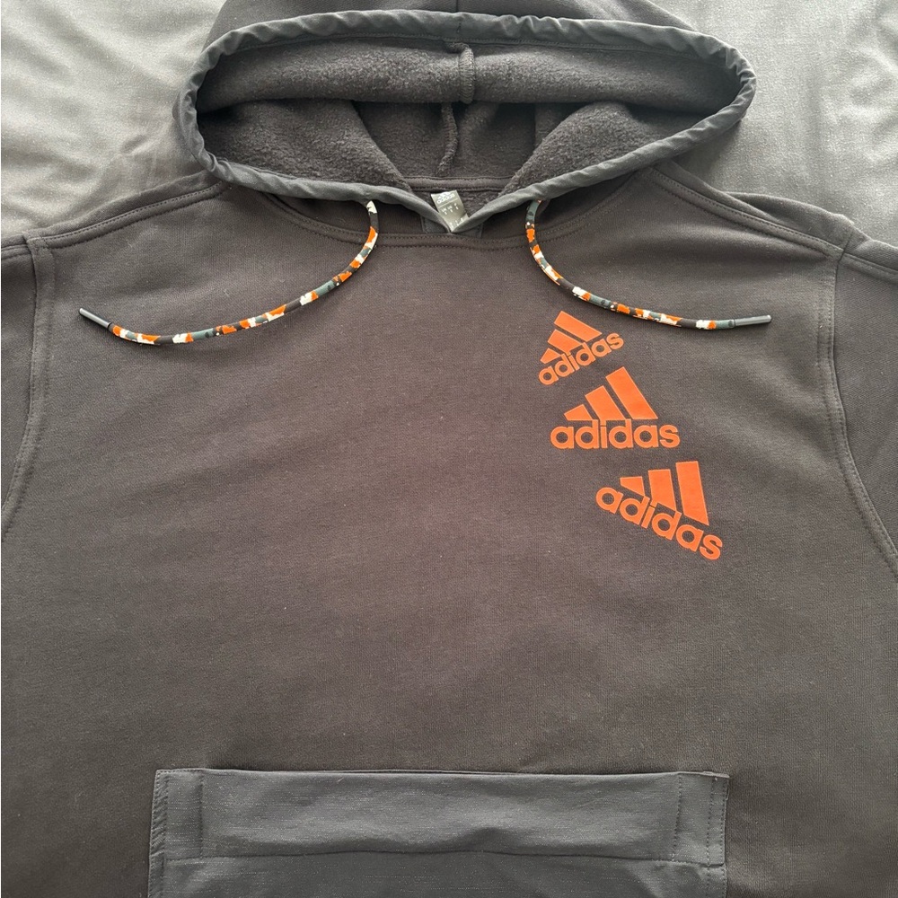 Adidas Men's Charcoal Hoodie with Vibrant Orange Accents